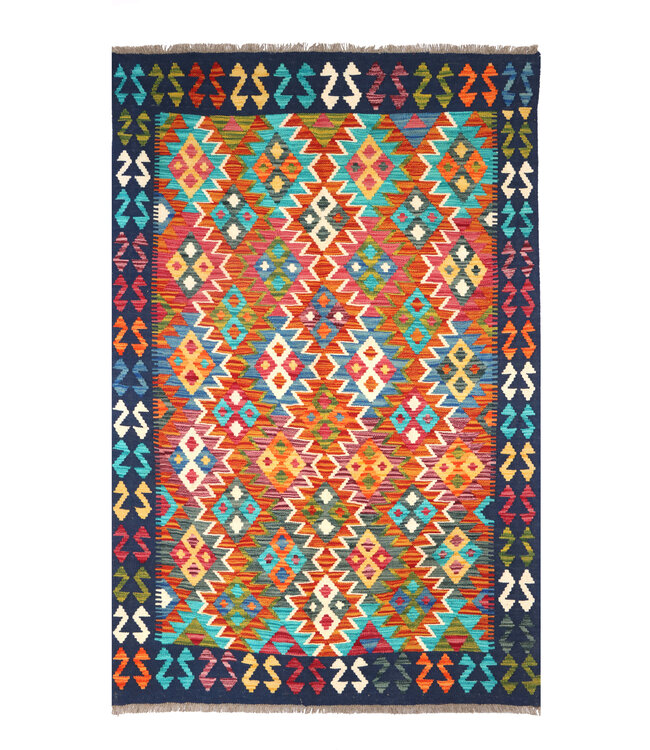 196x132 cm Handgeweven Traditionele Kelim Vloerkleed Wol Tapijt