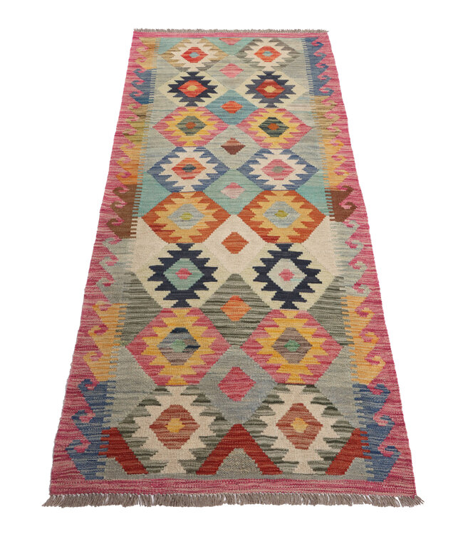 200x86 cm Handgeweven Kelim Loper  Wol  Vloerkleed Tapijt