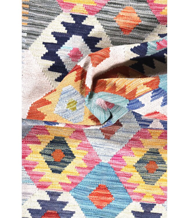 200x86 cm Handgeweven Kelim Loper  Wol  Vloerkleed Tapijt