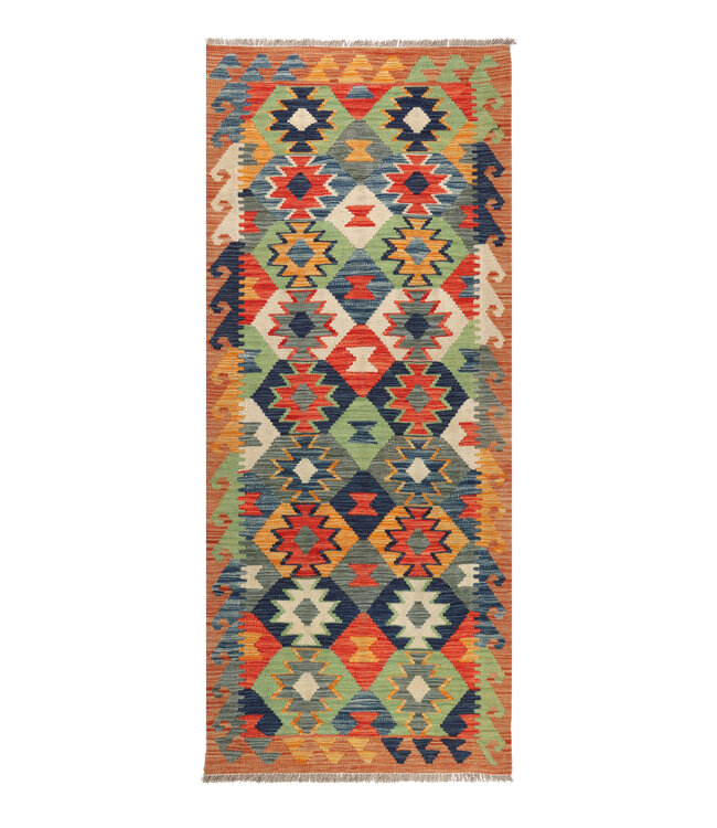 195x78 cm Handgeweven Kelim Loper  Wol  Vloerkleed Tapijt