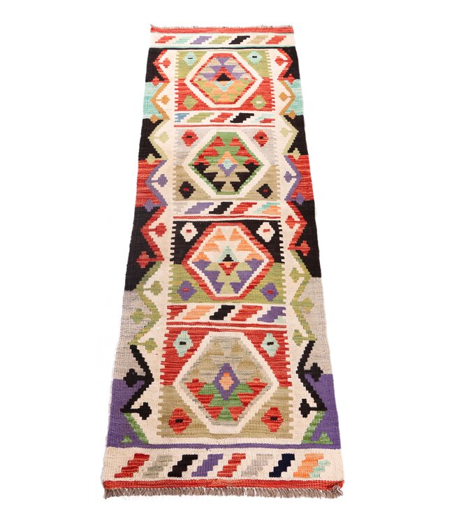 206x63 cm Handgeweven Kelim Loper  Wol  Vloerkleed Tapijt