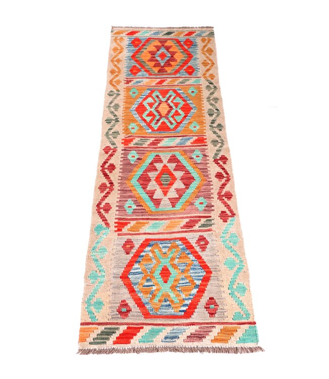 190x59 cm Handgeweven Kelim Loper  Wol  Vloerkleed Tapijt
