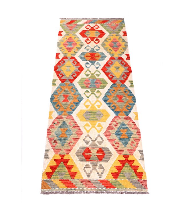 197x67 cm Handgeweven Kelim Loper  Wol  Vloerkleed Tapijt