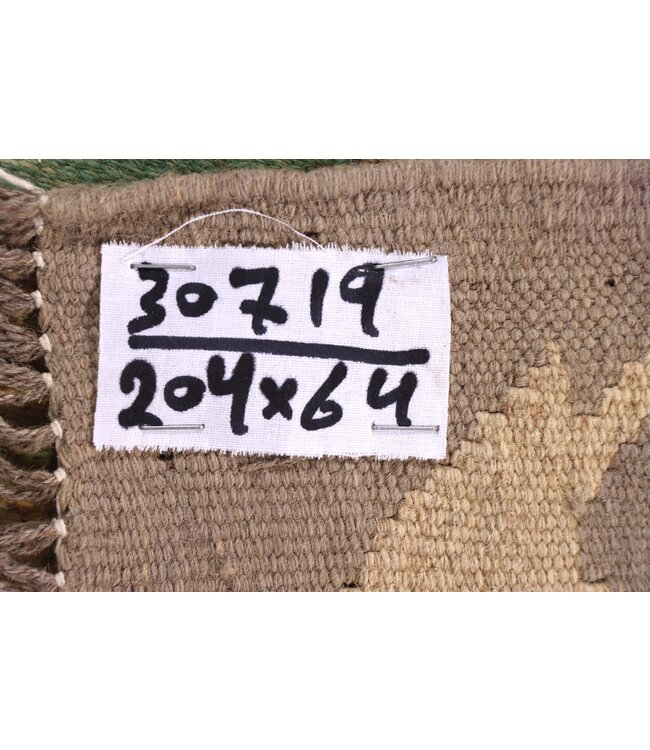 204x64 cm Handgeweven Kelim Loper  Wol  Vloerkleed Tapijt