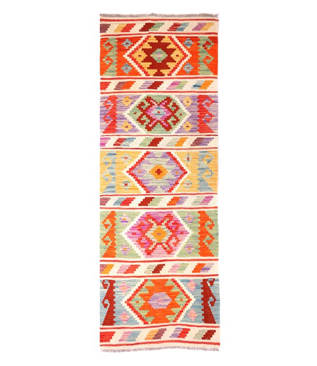 208x68 cm Handgeweven Kelim Loper  Wol  Vloerkleed Tapijt