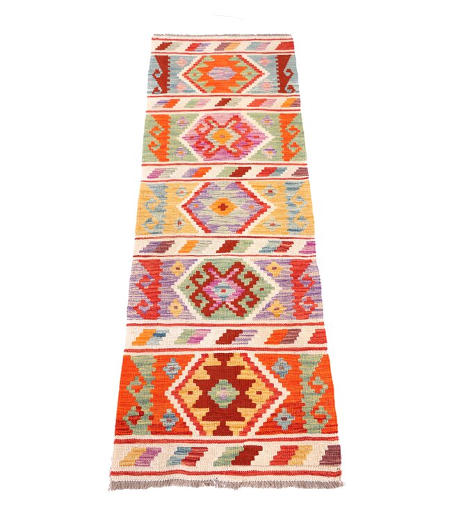 208x68 cm Handgeweven Kelim Loper  Wol  Vloerkleed Tapijt