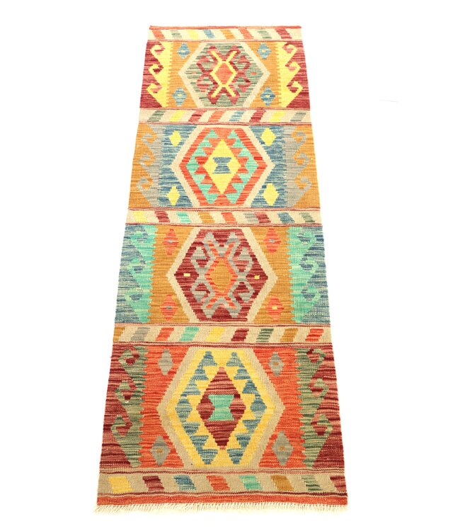 198x65 cm Handgeweven Kelim Loper  Wol  Vloerkleed Tapijt