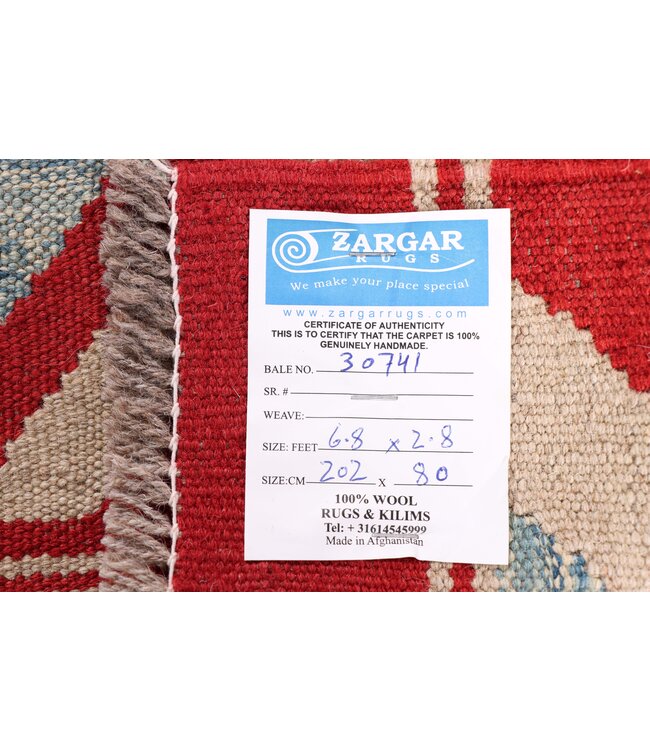 202x80 cm Handgeweven Kelim Loper  Wol  Vloerkleed Tapijt