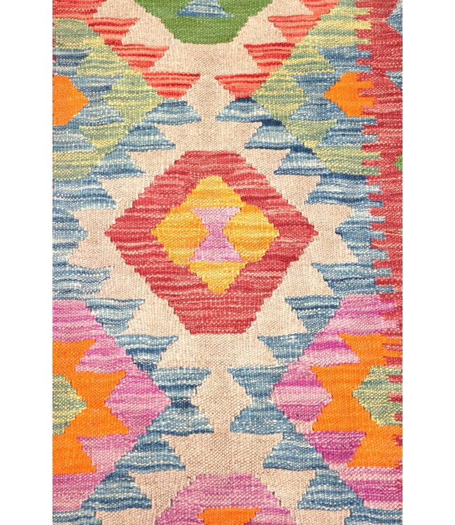 200x64 cm Handgeweven Kelim Loper  Wol  Vloerkleed Tapijt