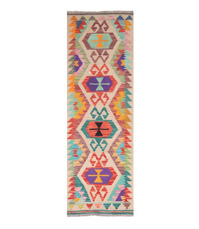 190x63 cm Handgeweven Kelim Loper  Wol  Vloerkleed Tapijt