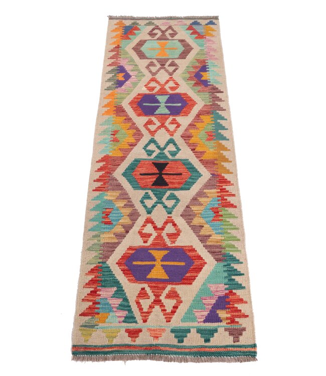 190x63 cm Handgeweven Kelim Loper  Wol  Vloerkleed Tapijt