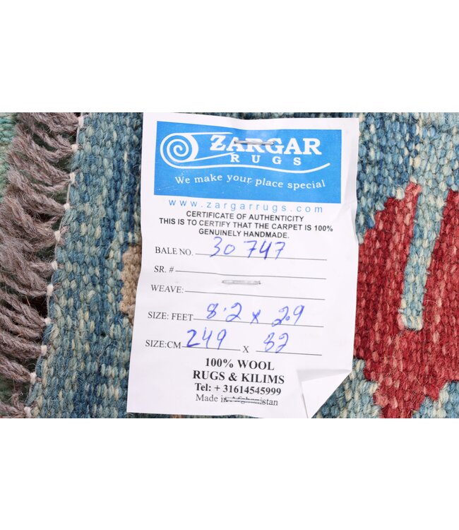 249x82 cm Handgeweven Kelim Loper  Wol  Vloerkleed Tapijt