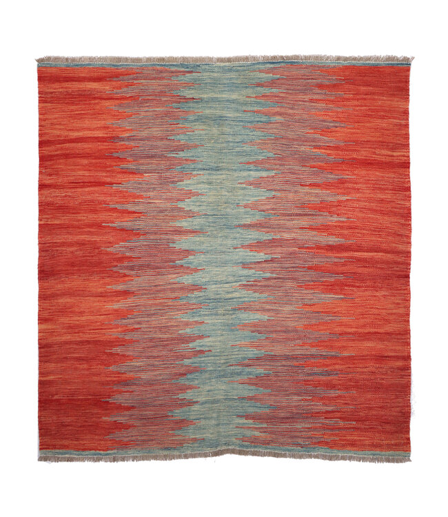 152x150 cm Handwoven Modern Red Wool Kilim Rug