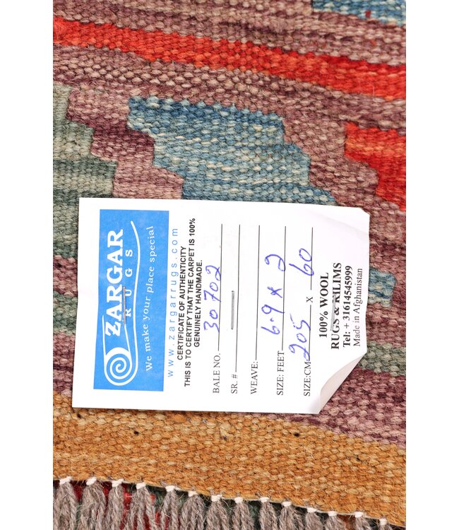 205x60 cm Handgeweven Kelim Loper  Wol  Vloerkleed Tapijt