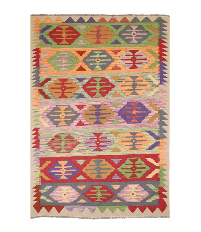 208x148 cm Handgeweven Traditionele Kelim Vloerkleed Wol Tapijt