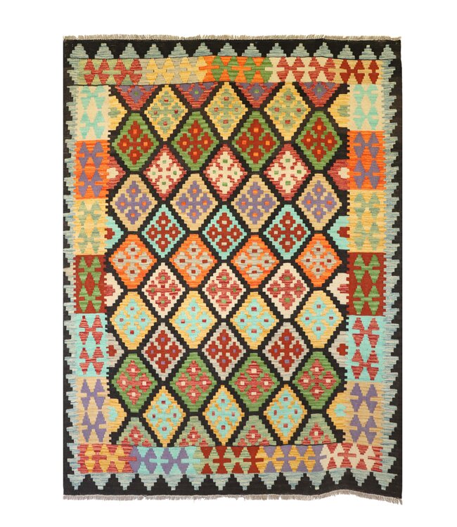 201x154 cm Handgeweven Traditionele Kelim Vloerkleed Wol Tapijt