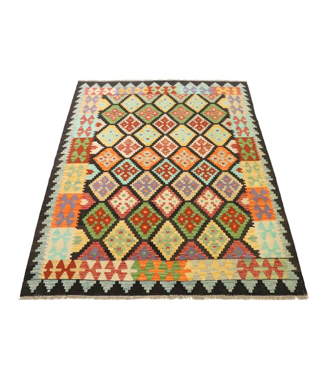 201x154 cm Handgeweven Traditionele Kelim Vloerkleed Wol Tapijt