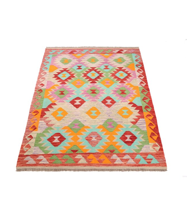 194x143 cm Handgeweven Traditionele Kelim Vloerkleed Wol Tapijt