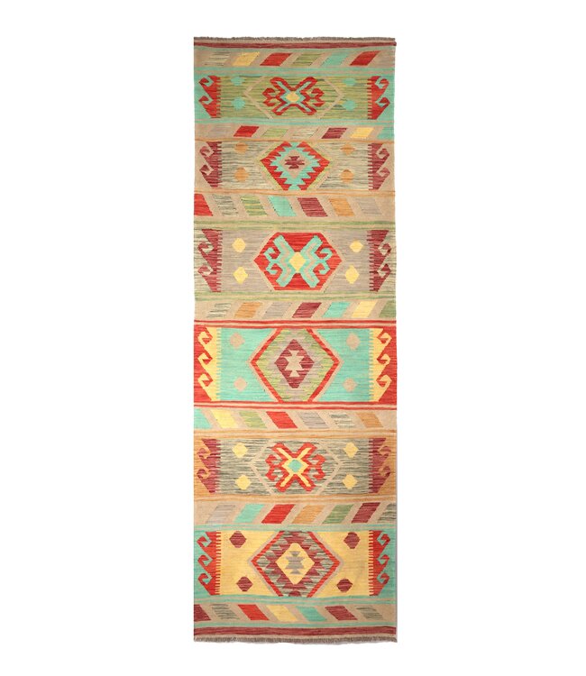 297x88 cm Handgeweven Kelim Loper  Wol  Vloerkleed Tapijt