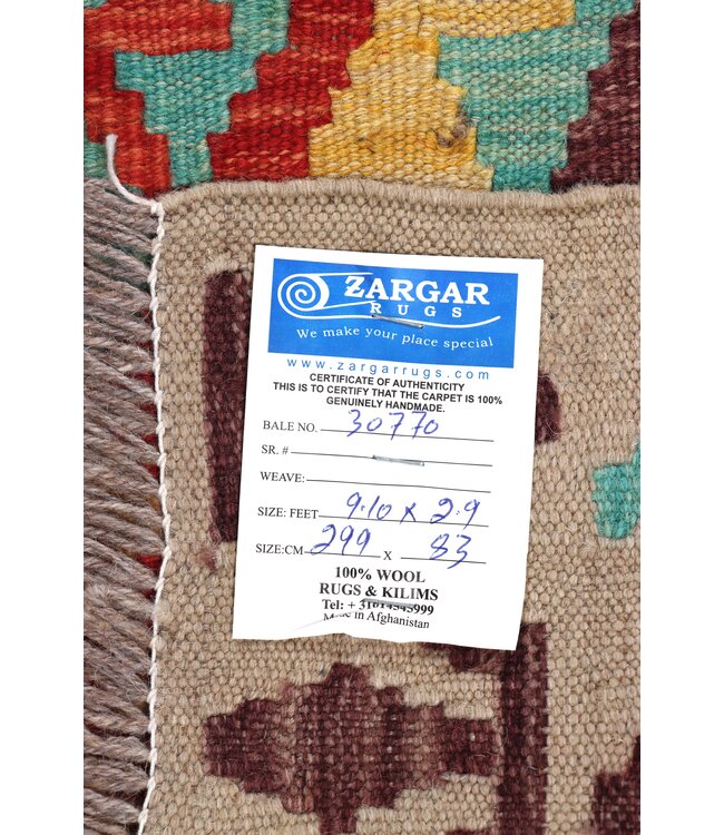 299x83 cm Handgeweven Kelim Loper  Wol  Vloerkleed Tapijt