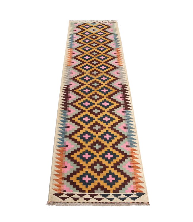 287x85 cm Handgeweven Kelim Loper  Wol  Vloerkleed Tapijt