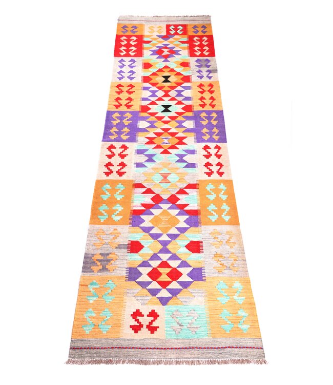 302x84 cm Handgeweven Kelim Loper  Wol  Vloerkleed Tapijt