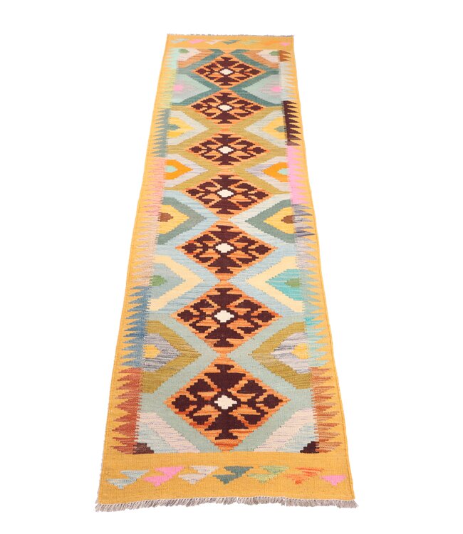 290x82 cm Handgeweven Kelim Loper  Wol  Vloerkleed Tapijt