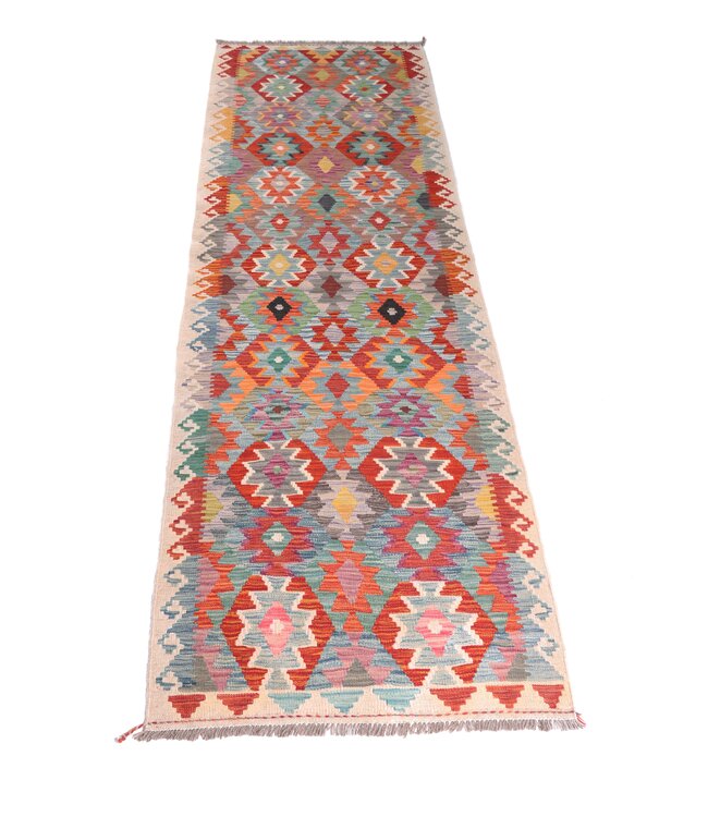 290x88 cm Handgeweven Kelim Loper  Wol  Vloerkleed Tapijt