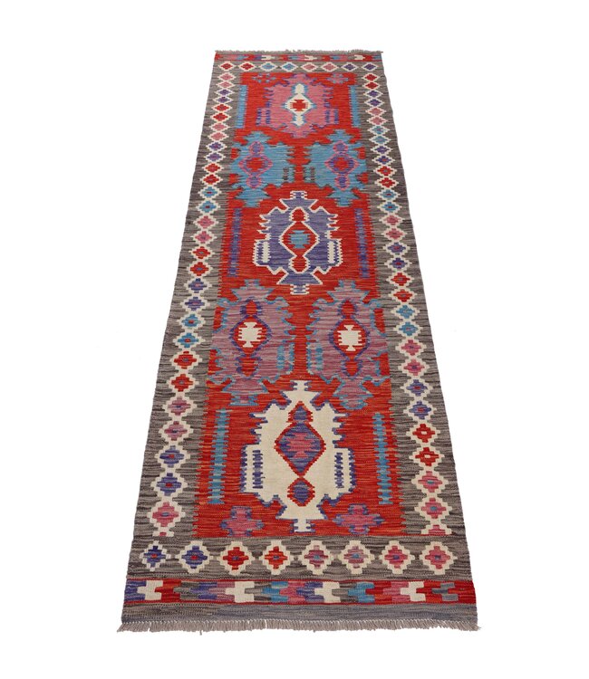 296x86 cm Handgeweven Kelim Loper  Wol  Vloerkleed Tapijt