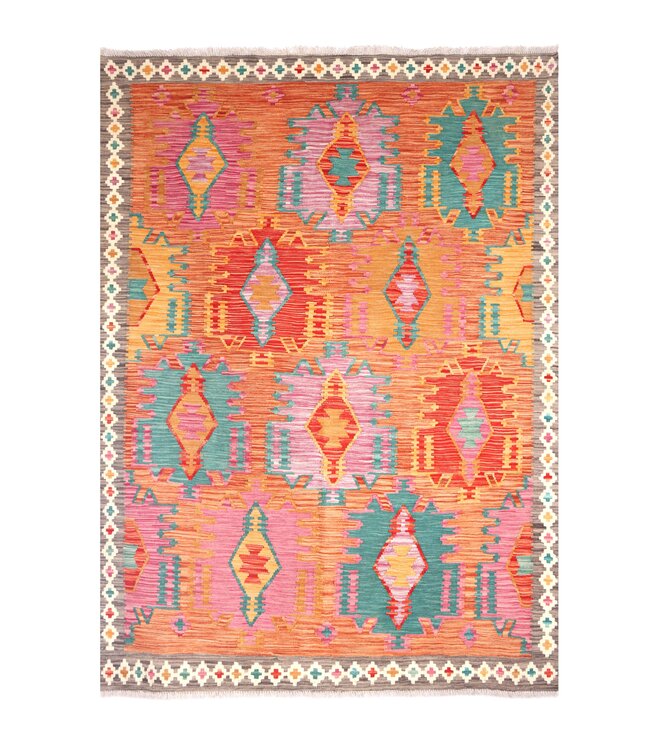 196x152 cm Handgeweven Traditionele Kelim Vloerkleed Wol Tapijt