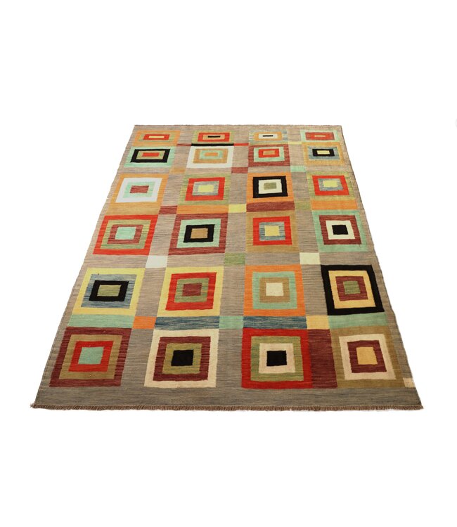 254x184 cm Handwoven Modern Red Wool Kilim Rug