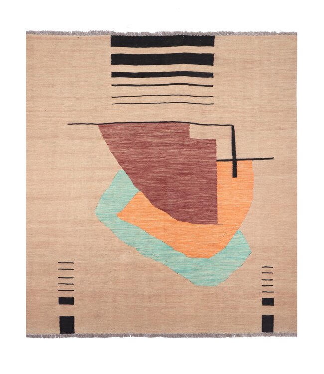 182x172 cm Handwoven Modern Red Wool Kilim Rug