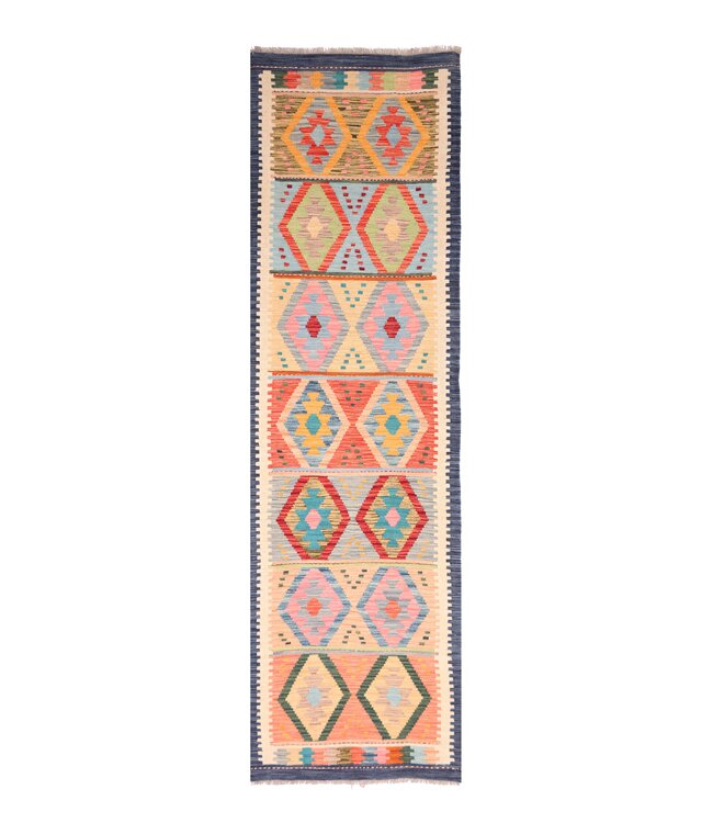 298x77  cm Handgewebter Kelim Läufer  Wollteppich
