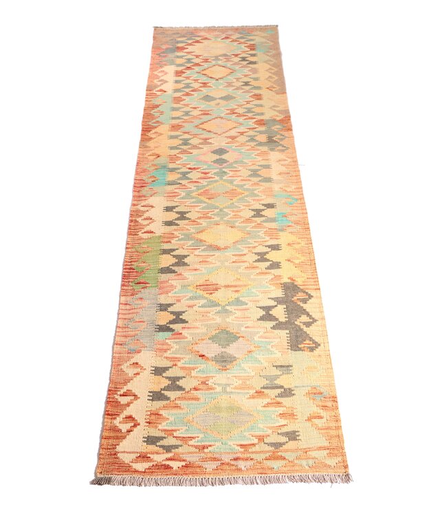 294x76  cm Handgewebter Kelim Läufer  Wollteppich