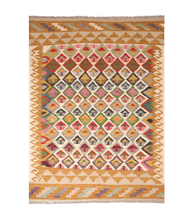 195x146 cm Handgeweven Traditionele Kelim Vloerkleed Wol Tapijt