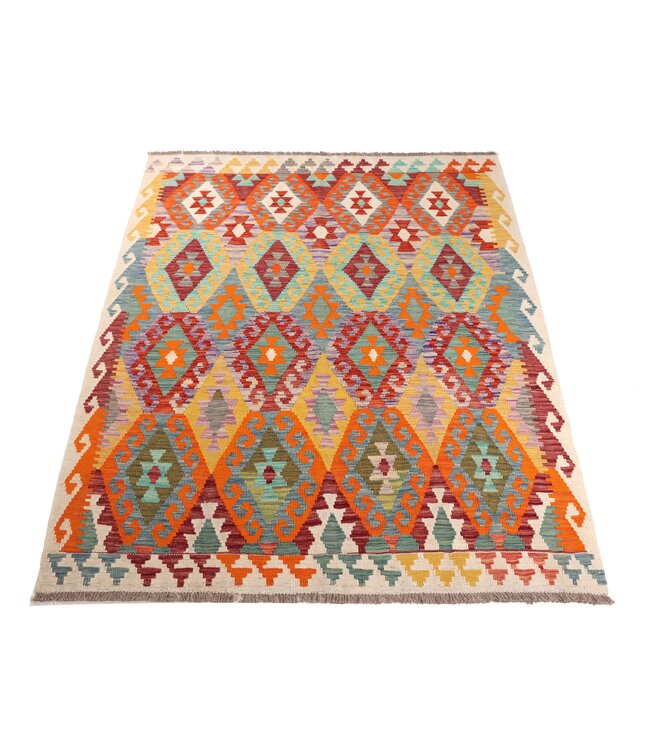 194x155 cm Handgeweven Traditionele Kelim Vloerkleed Wol Tapijt