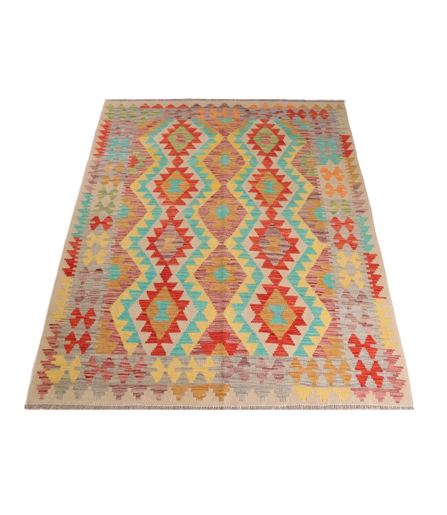 196x153 cm Handgeweven Traditionele Kelim Vloerkleed Wol Tapijt