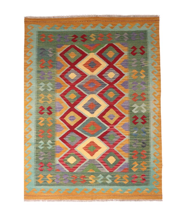 204x154 cm Handgeweven Traditionele Kelim Vloerkleed Wol Tapijt