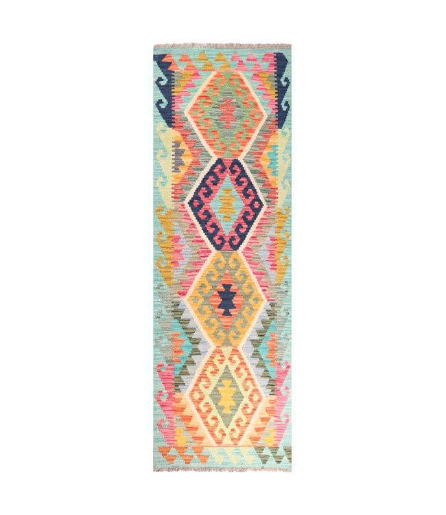 194x67 cm Handgeweven Kelim Loper  Wol  Vloerkleed Tapijt