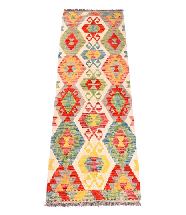 196x61 cm Handgeweven Kelim Loper  Wol  Vloerkleed Tapijt