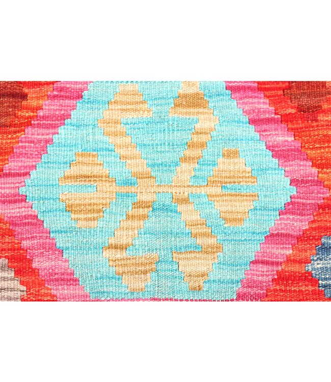 199x66 cm Handgeweven Kelim Loper  Wol  Vloerkleed Tapijt