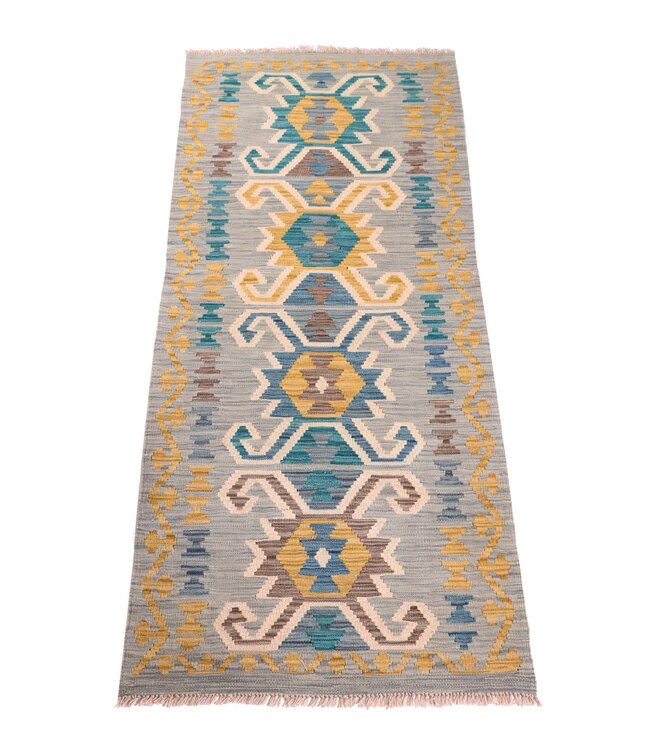 200x82 cm Handgeweven Kelim Loper  Wol  Vloerkleed Tapijt