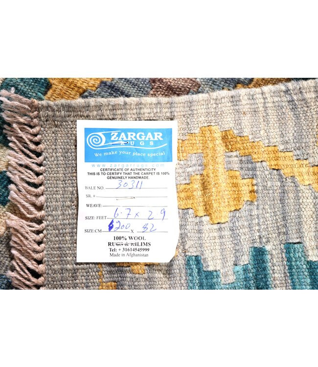 200x82 cm Handgeweven Kelim Loper  Wol  Vloerkleed Tapijt