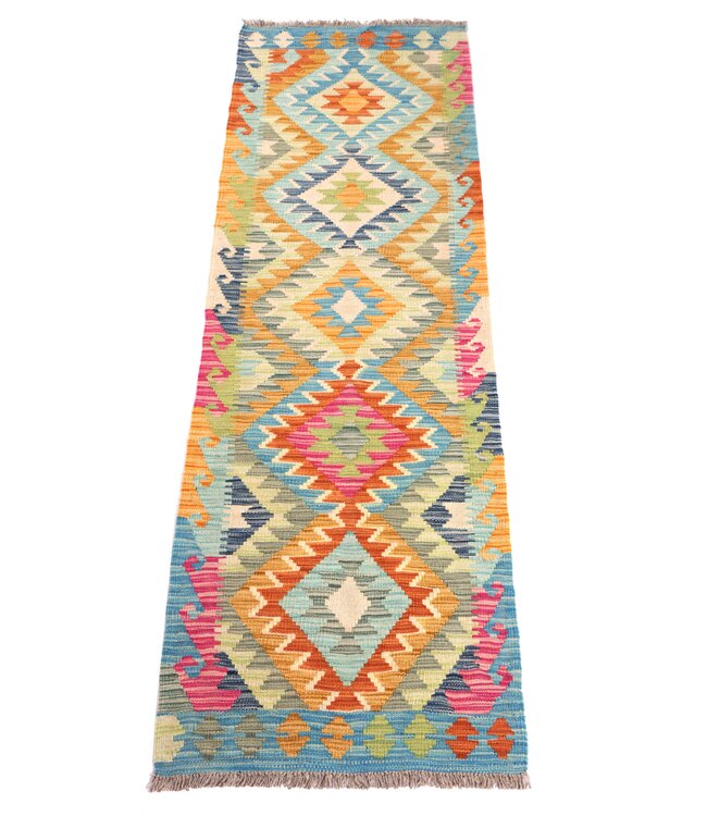 204x62 cm Handgeweven Kelim Loper  Wol  Vloerkleed Tapijt