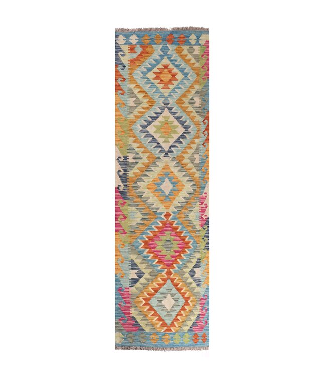 204x62 cm Handgeweven Kelim Loper  Wol  Vloerkleed Tapijt