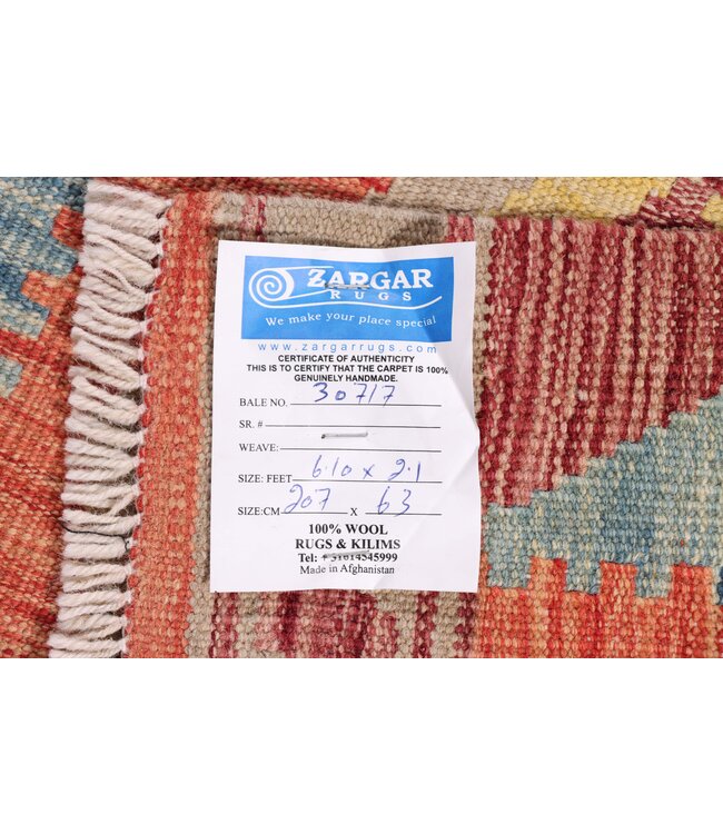 207x63 cm Handgewebter Kelim Läufer  Wollteppich