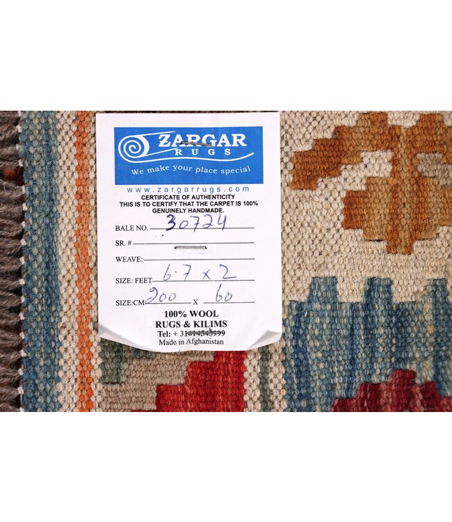 200x60 cm Handgeweven Kelim Loper  Wol  Vloerkleed Tapijt