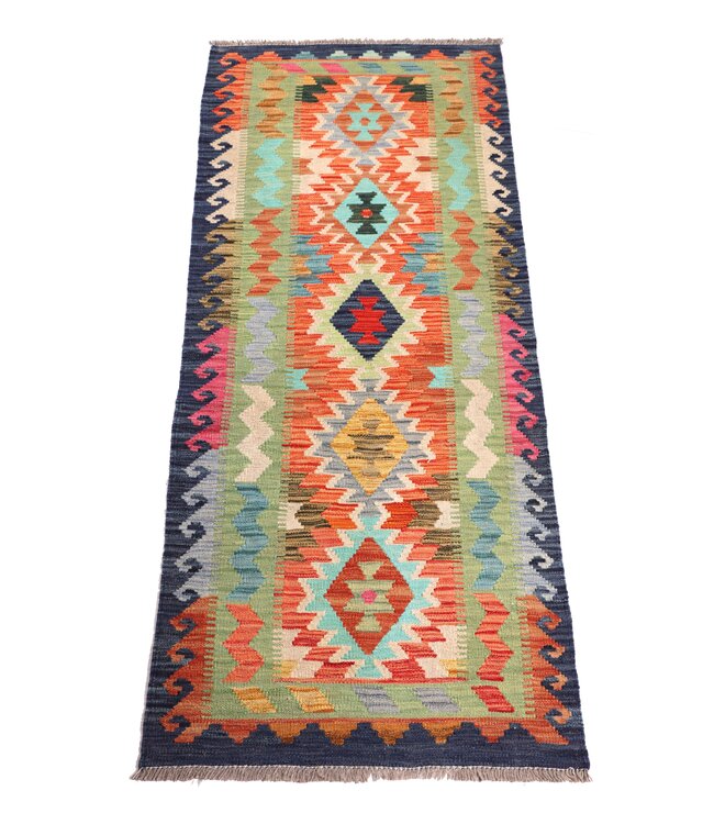 195x80 cm Handgeweven Kelim Loper  Wol  Vloerkleed Tapijt