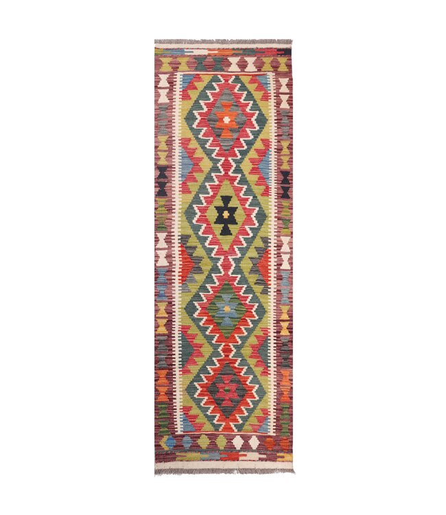 190x63 cm Handgeweven Kelim Loper  Wol  Vloerkleed Tapijt