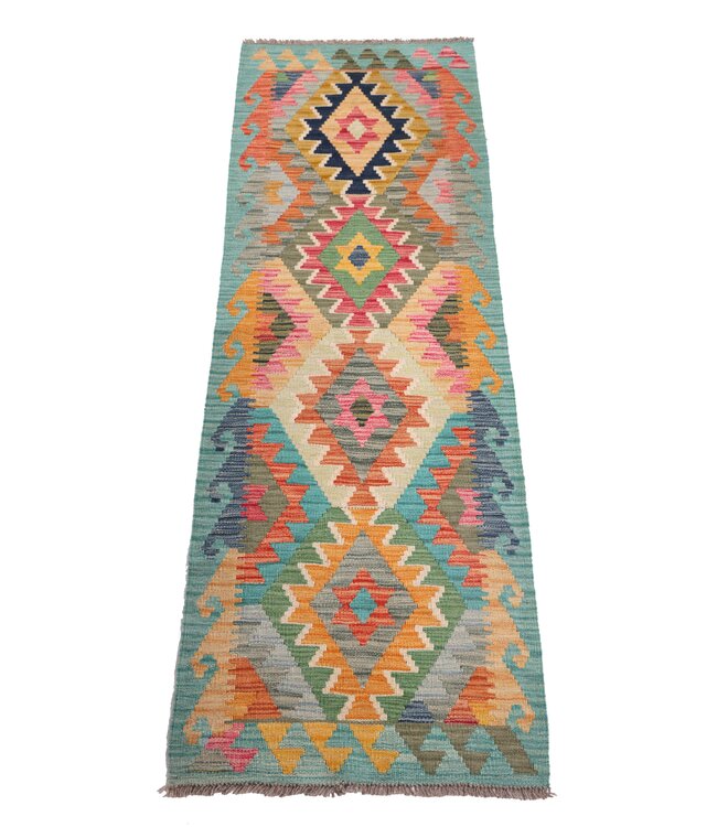 202x65 cm Handgeweven Kelim Loper  Wol  Vloerkleed Tapijt